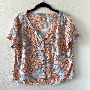 Vintage 90's Top Size L Abstract FLoral Print Cropped Button Front Sportif